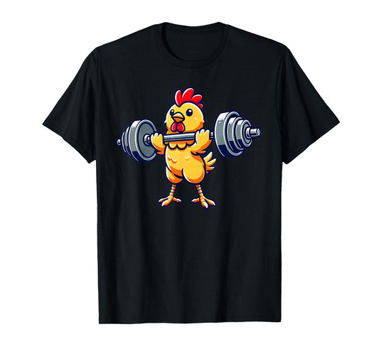 Chicken Powerlifting Gym Workout T-Shirt - Black, Unisex-Adults/Kids, Short Sleeve, Cotton 65% Polyester 35%, Humorous Chicken Design