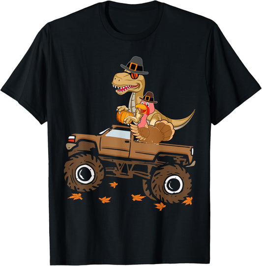 Happy Thanksgiving dinosaur Turkey Riding truck kids boys T-Shirt
