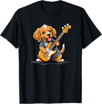 Dog playing Bass Guitar, Dog Guitarist T-Shirt for Men Women Kids