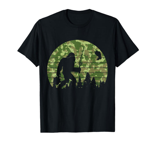 Funny Fishing Men Women Kids Bigfoot Sasquatch Fishing Camo T-Shirt