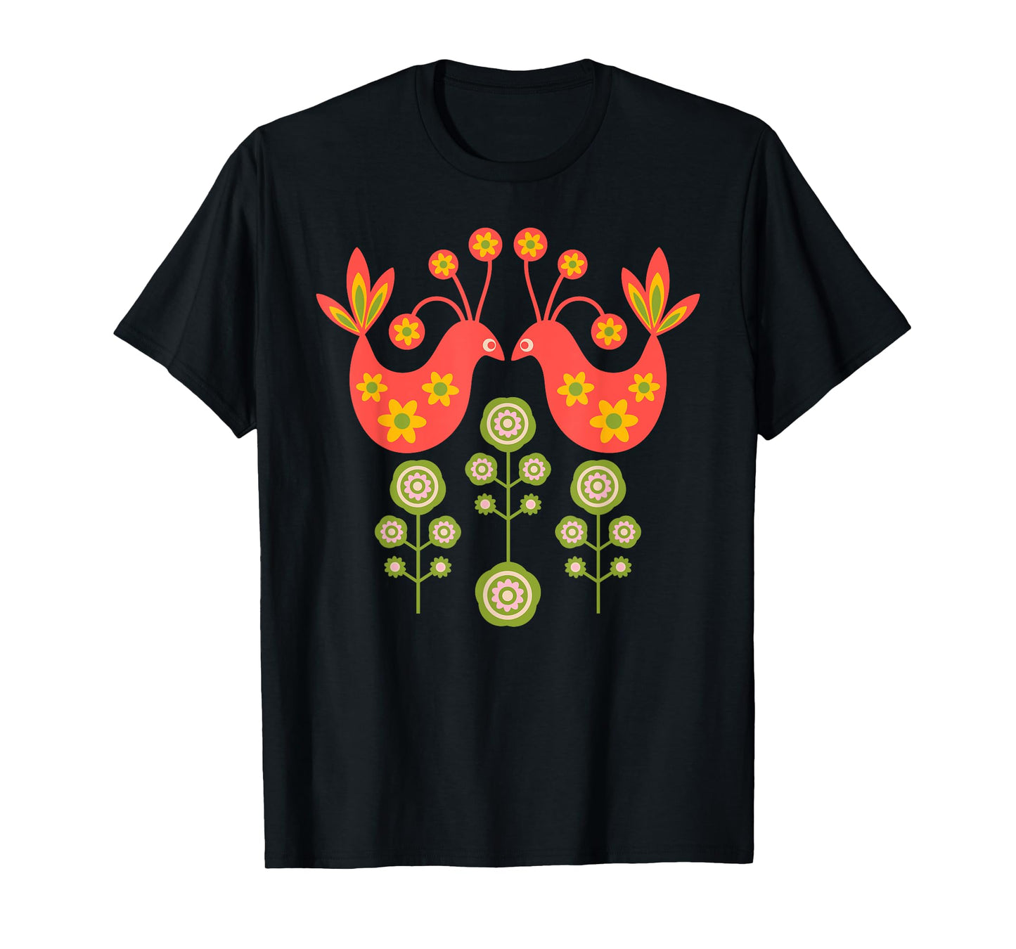 LOVE BIRDS Folk Art Mid-Century Modern Scandi Floral Flowers T-Shirt