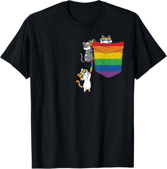 Funny Pocket cute cat LGBT Animal Rainbow Flag Gay Pride T-Shirt