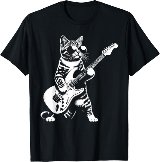 Guitar Cat Novelty Rock Music Band Concert Funny Cat T-Shirt
