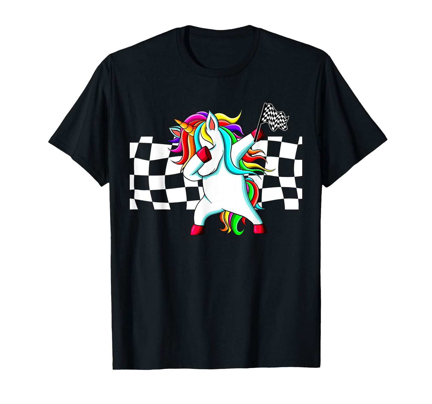 Racecar Racing Checker Flag Dabbing Unicorn Graphic T-Shirt