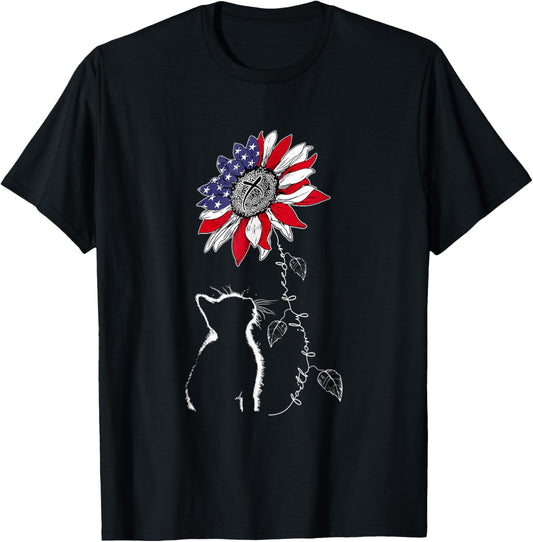 Women Cat Sunflower 4th of July Faith Freedom Patriotic T-Shirt