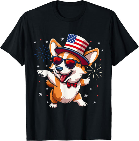 Patriotic American Corgi Dancing USA Flag Dog 4th Of July T-Shirt