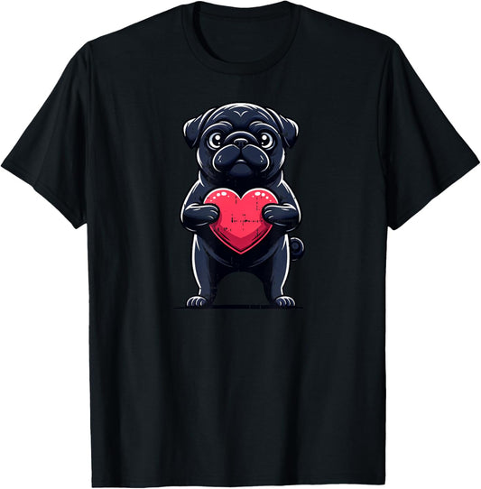 Valentines Day Black Pug Heart Funny Dog Mom Dad T-Shirt