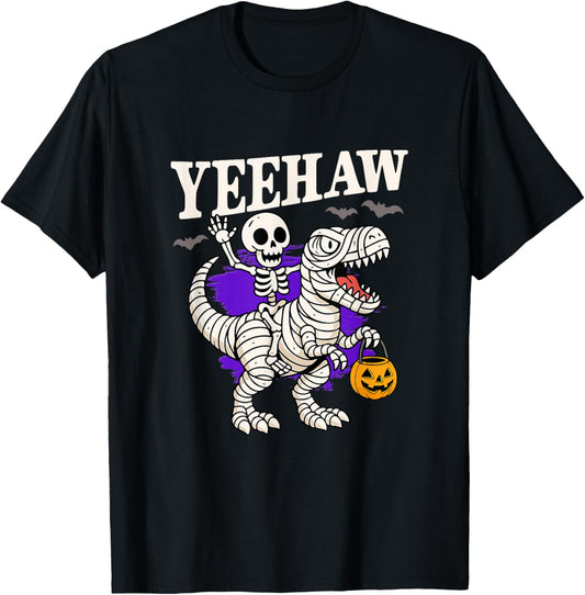Halloween Cowboy Skeleton Riding Mummy Dinosaur T-Shirt