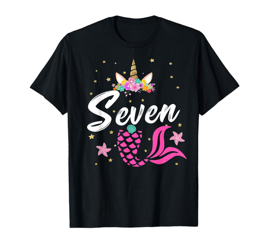 7th Birthday Girl Unicorn Shirt Mermaid Tail 7 Years Old T-Shirt