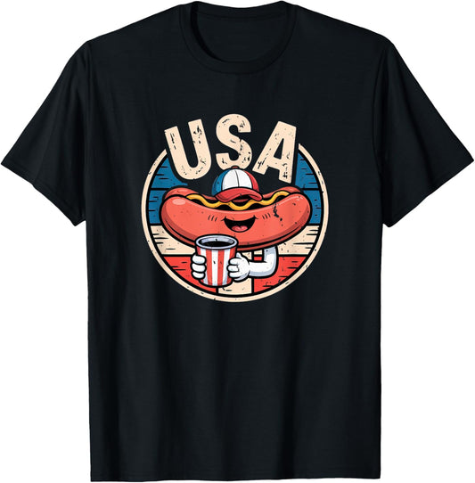 Funny Hot Dog Liberty Brew USA Flag Retro 4th of July T-Shirt