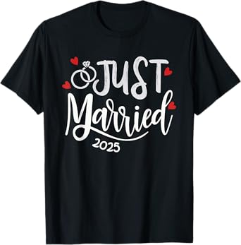 Just Married 2025 - Bride & Groom Wedding Rings & Hearts T-Shirt