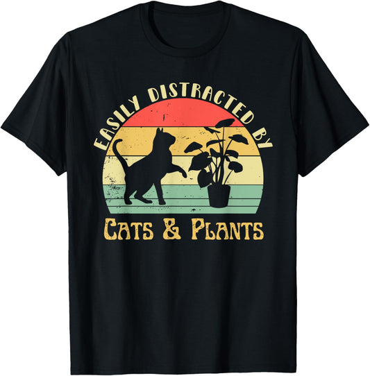 Retro Pet Cat Plant Lover Easily Distracted By Plants & Cats T-Shirt