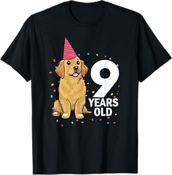 Cute 9 Years Old Birthday Golden Retriever Dog 9th Party Kid T-Shirt