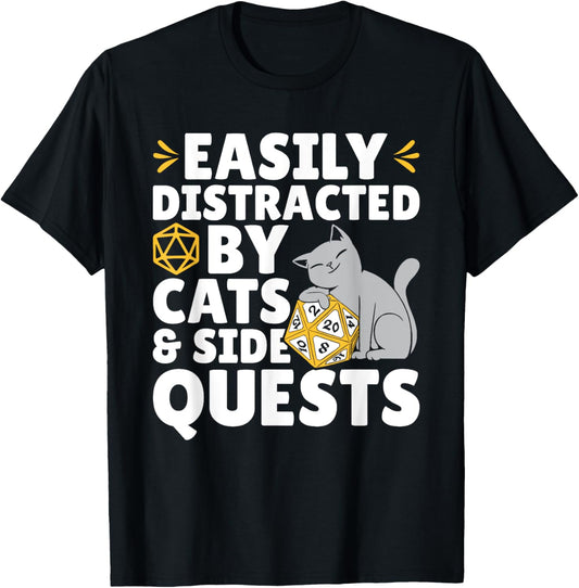 Easily Distracted Cats Side Quests Role Playing RPG Gamer T-Shirt
