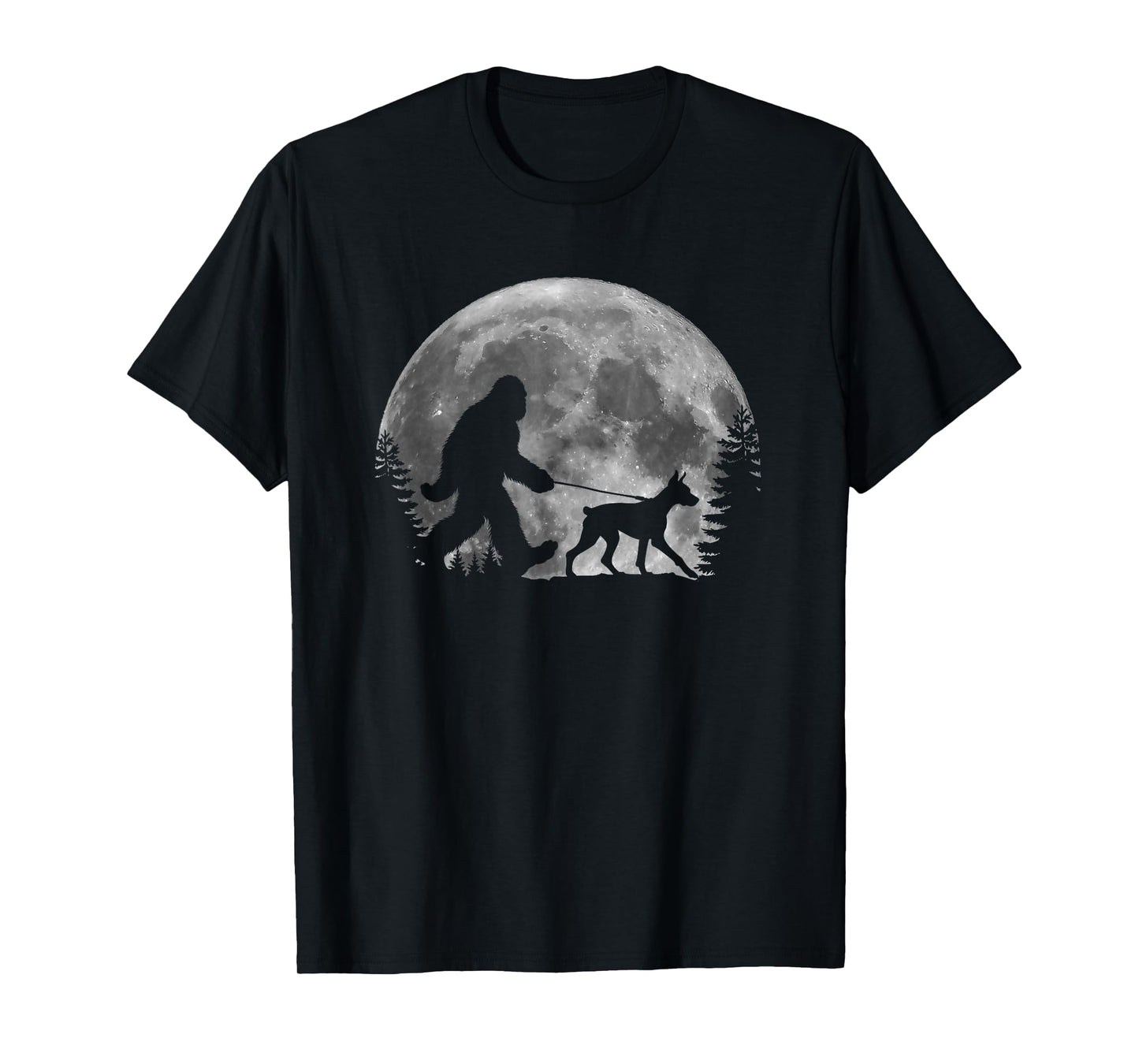 Bigfoot Walking a Dog Funny Doberman Pinscher Moon Halloween T-Shirt