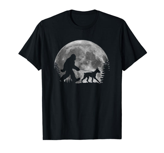 Bigfoot Walking a Dog Funny Doberman Pinscher Moon Halloween T-Shirt