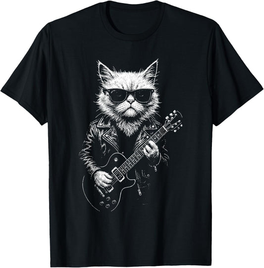 Funny Rockstar Cat Playing Guitar Cool Musician Grunge T-Shirt