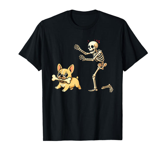 Halloween Dog Funny Skeleton Chasing French Bulldog T-Shirt