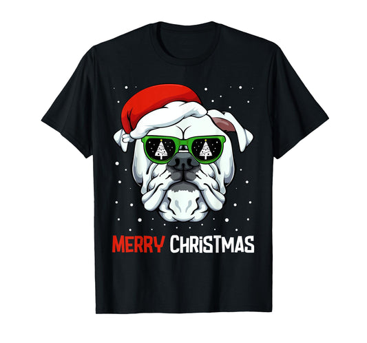English Bulldog Merry Christmas Pajama Cute Dog Santa Hat T-Shirt