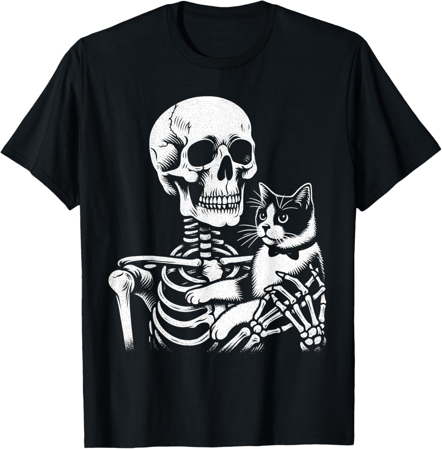 Skeleton Holding A Tuxedo Cat Lazy Halloween Costume Skull T-Shirt