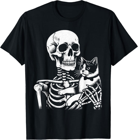 Skeleton Holding A Tuxedo Cat Lazy Halloween Costume Skull T-Shirt
