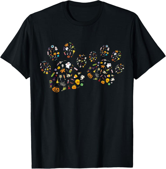 Cute Paw Print Halloween Dog Candy Pumpkin Ghost T-Shirt