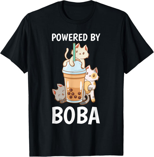 Powered By Boba Bubble Milk Tea Tapioca Pearls Cat Lover T-Shirt