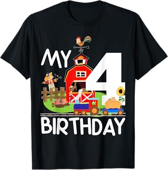 4th Birthday Farm Birthday Train Party Cow Pig Horse Chicken T-Shirt