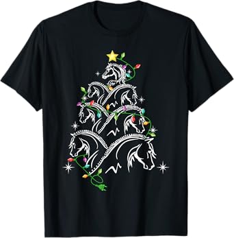 Horse Christmas Tree Xmas Lighting T-Shirt, Unisex-Adults/Kids, Black, Small, Short Sleeve