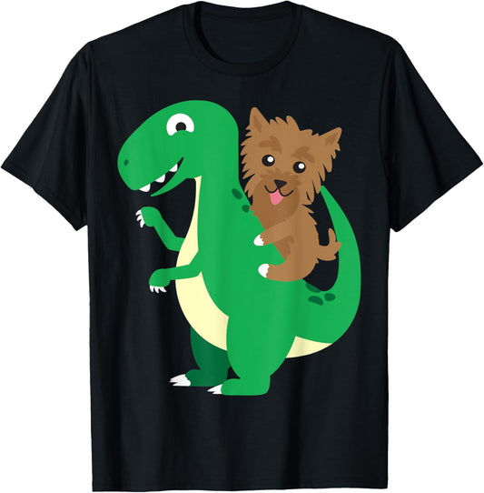 Yorkie Riding T-Rex Cool Dinosaur Dino Dog Halloween Costume Men Women Kids T-Shirt