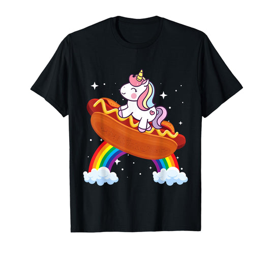 Unicorn Riding Hot Dog Boys Girls Women Kids Teens Rainbow T-Shirt