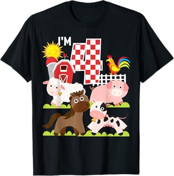 Farm Animals Barnyard 4th Birthday I'm 4 Year Old Kid T-Shirt