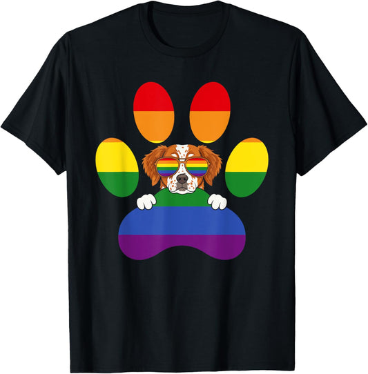 LGBT Rainbow Dog Paw Brittany Spaniel Lesbian Gay Pride T-Shirt