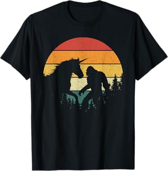 Bigfoot Walking Unicorn Horse Riding Retro Funny Sasquatch T-Shirt