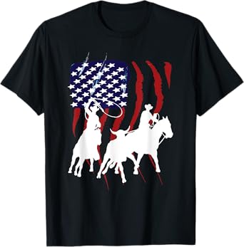 Rodeo Team Roping Distressed Grunge Cowboy American Flag T-Shirt