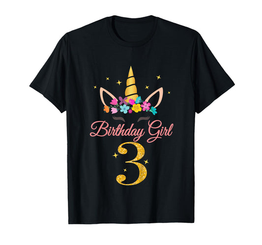 Kids 3 Birthday Girl Unicorn Design 3-Year-Old 3rd BDay T-Shirt
