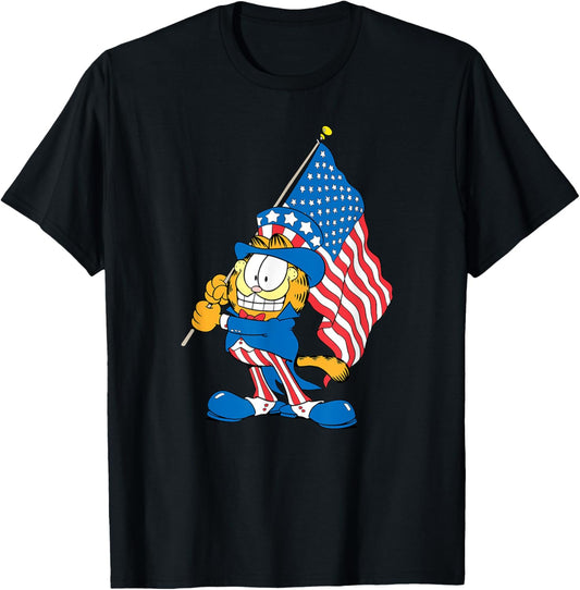 Garfield Holding USA Flag Uncle Sam 4th of July Cartoon Cat T-Shirt