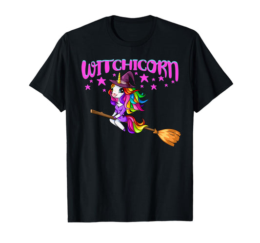 Unicorn Witch On A Broomstick Funny Women Halloween Costume T-Shirt