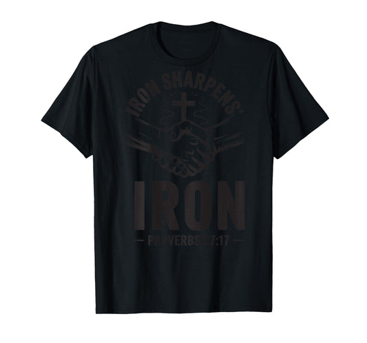 Men's Iron Sharpens Iron Proverbs 27 7 Christian Gym Workout T-Shirt