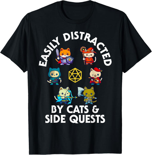 RPG Gamer Cats Side Quest Funny Nerd ADHD Cat Men Women Kids T-Shirt