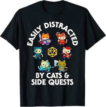 RPG Gamer Cats Side Quest Funny Nerd ADHD Cat Men Women Kids T-Shirt