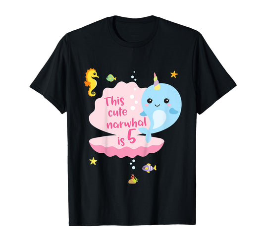 5th Birthday 5 Year Old Girl Boy Gift Narwhal Sea Unicorn T-Shirt
