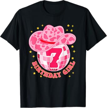 Happy 7th Birthday Girl Rodeo Western Cowgirl Cowboy Disco T-Shirt