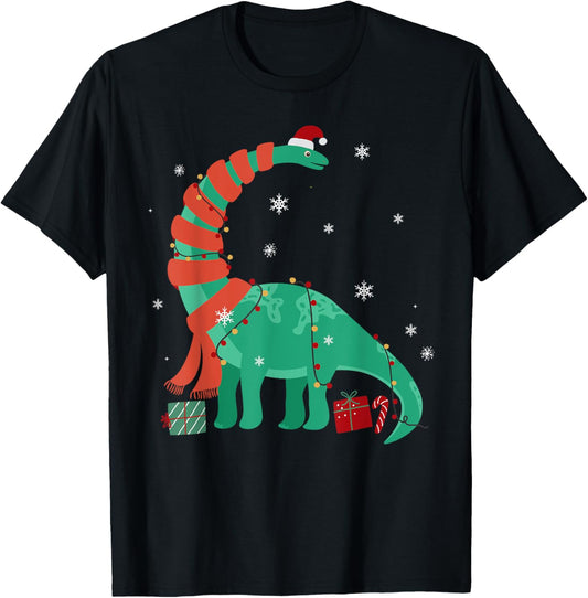 Funny Christmas Dinosaur Santa Xmas Lights Brontosaurus T-Shirt