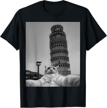 Cat Selfie Pisa Tower Italy Funny Animal Casual Outfit T-Shirt for Men Women Kids