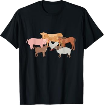 Cute Farm Animals Cow Pig Chicken Horse Sheep and Goat Tee T-Shirt