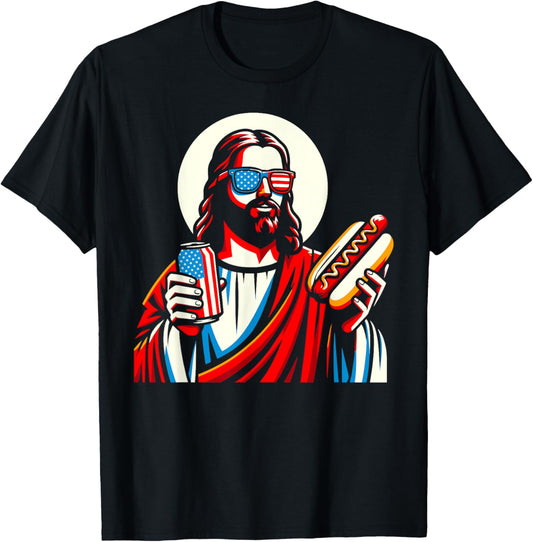 Funny Jesus USA American Christian Patriotic Beer Hotdog T-Shirt