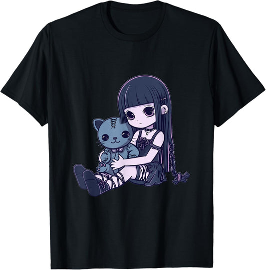 Goth Pastel Kawaii Anime Girl with Voodoo doll Teddy Cat T-Shirt