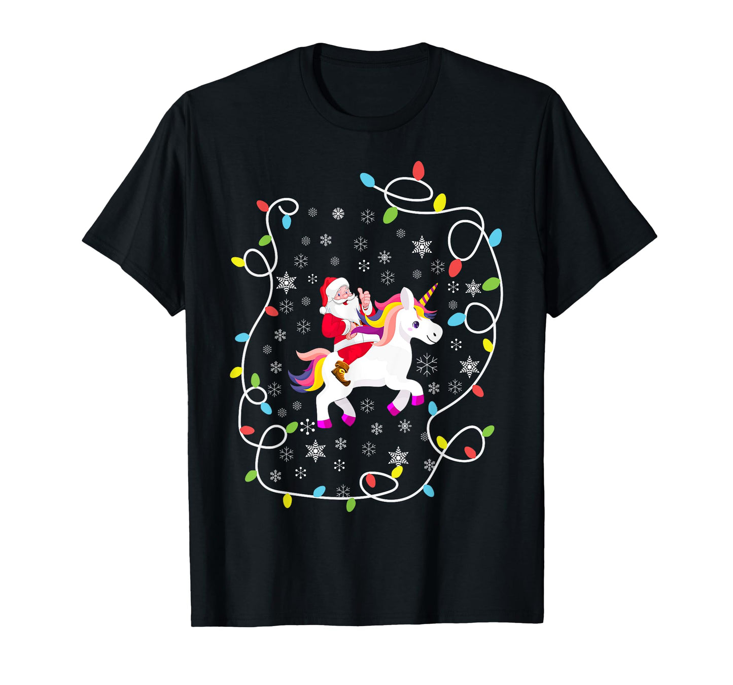 Santa Riding Unicorn Christmas Lights Merry Christmas Tree T-Shirt