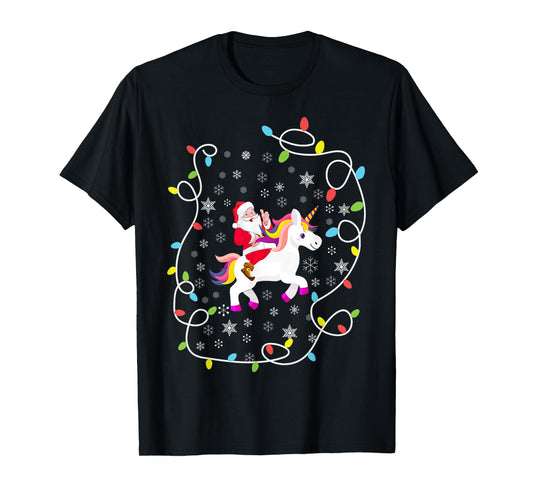 Santa Riding Unicorn Christmas Lights Merry Christmas Tree T-Shirt